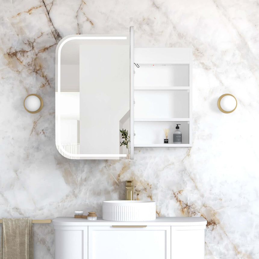 Otti Newport two-door LED shaving cabinet by Tilemall with integrated LED mirror and open door