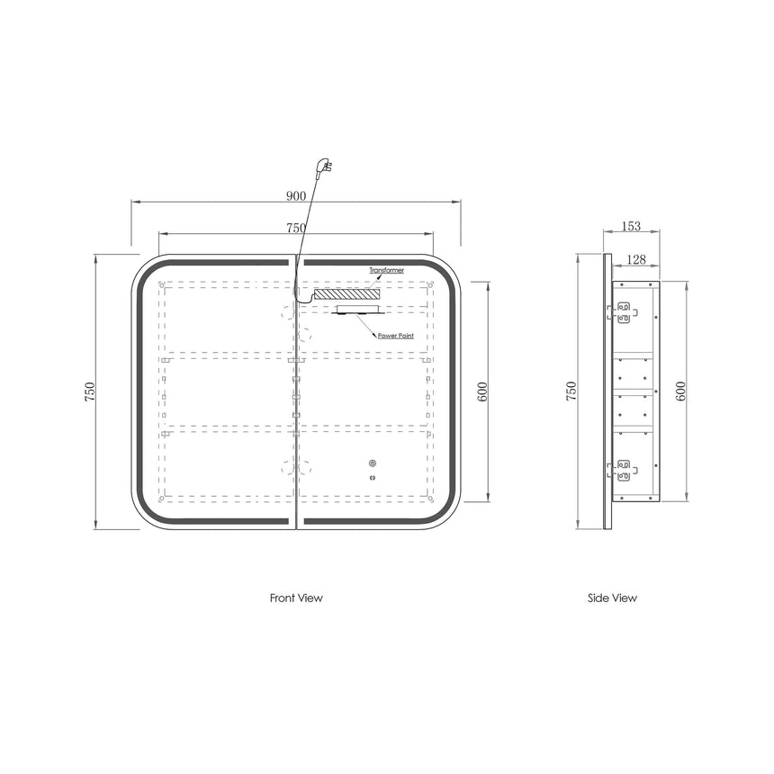 Technical dimensions diagram for Otti Newport 900mm LED shaving cabinet by Tilemall