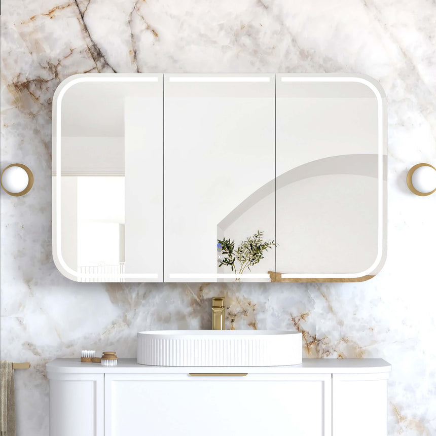 Otti Newport 1200x750 mm three-door LED shaving cabinet by Tilemall in white, bathroom interior