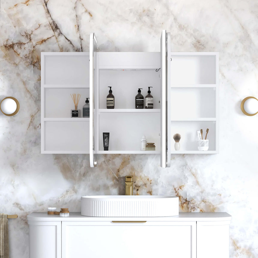 Otti Newport three-door LED shaving cabinet by Tilemall in white, all doors open display