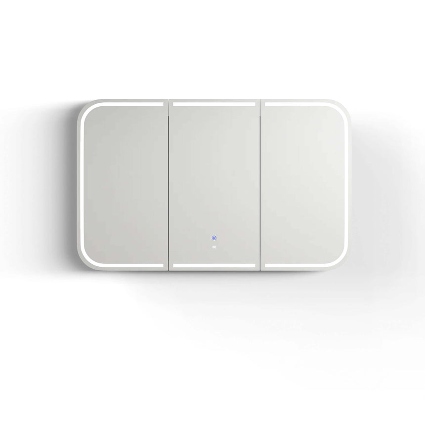 Otti Newport LED shaving cabinet by Tilemall, three-door white, doors partially open showing shelves