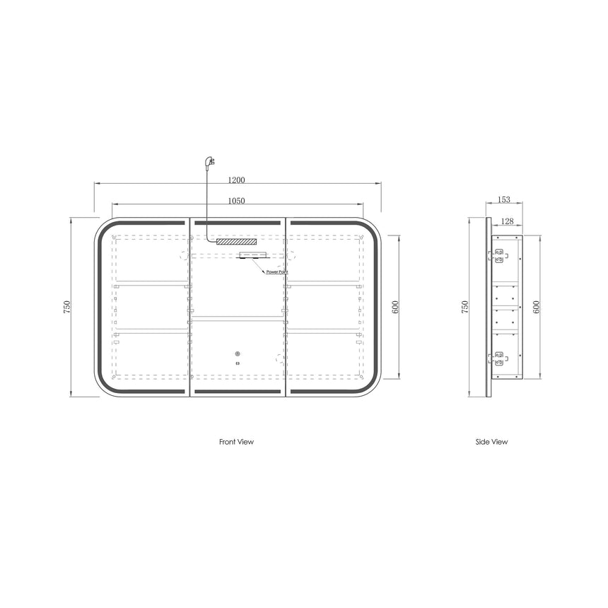 Otti Newport 1200mm three-door LED shaving cabinet by Tilemall in white, dual-sink bathroom setup