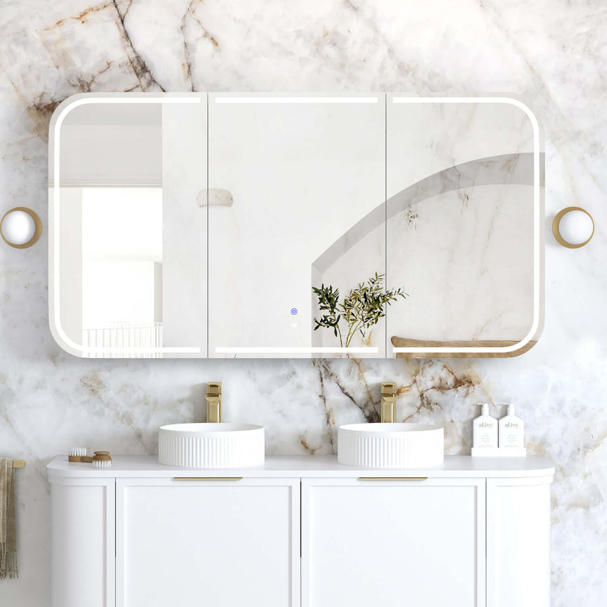 Otti Newport 1500x750 mm three-door LED shaving cabinet by Tilemall in white, closed position with mirror fronts