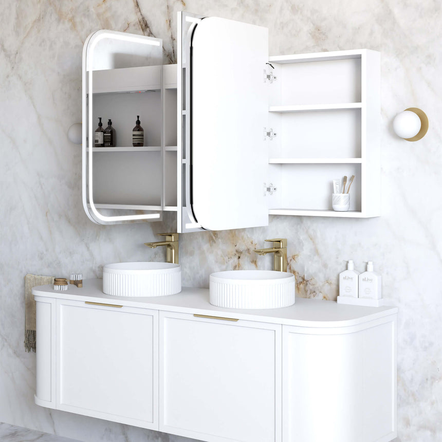 Technical dimensions diagram for Otti Newport 1200mm three-door LED shaving cabinet by Tilemall