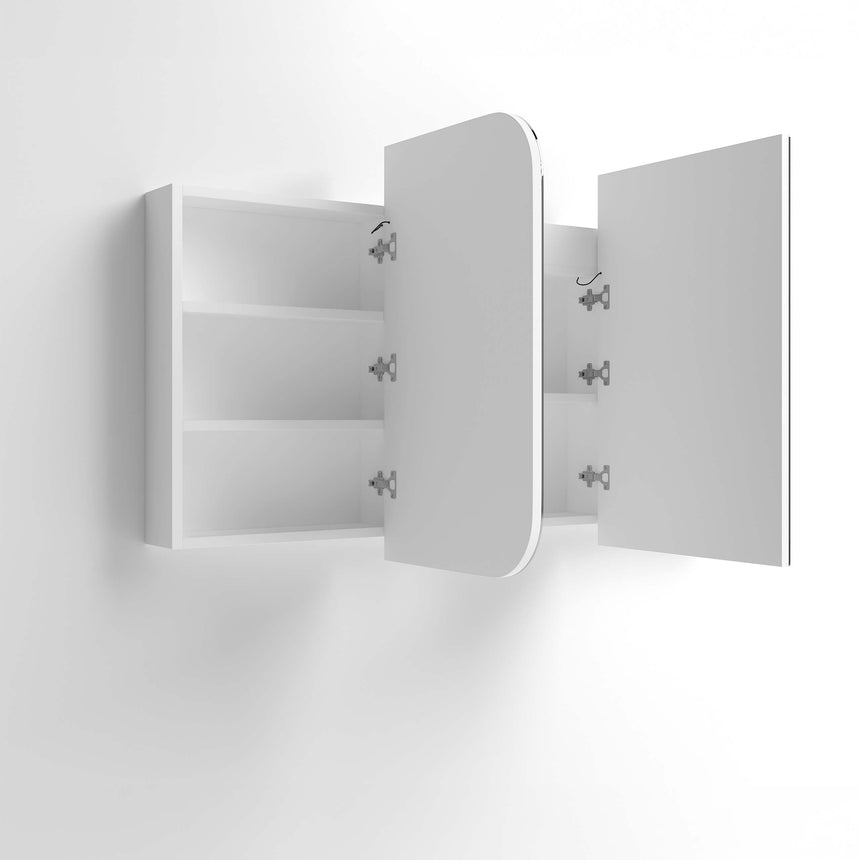 Otti Newport 1200mm three-door LED shaving cabinet by Tilemall, white, installed above dual basins