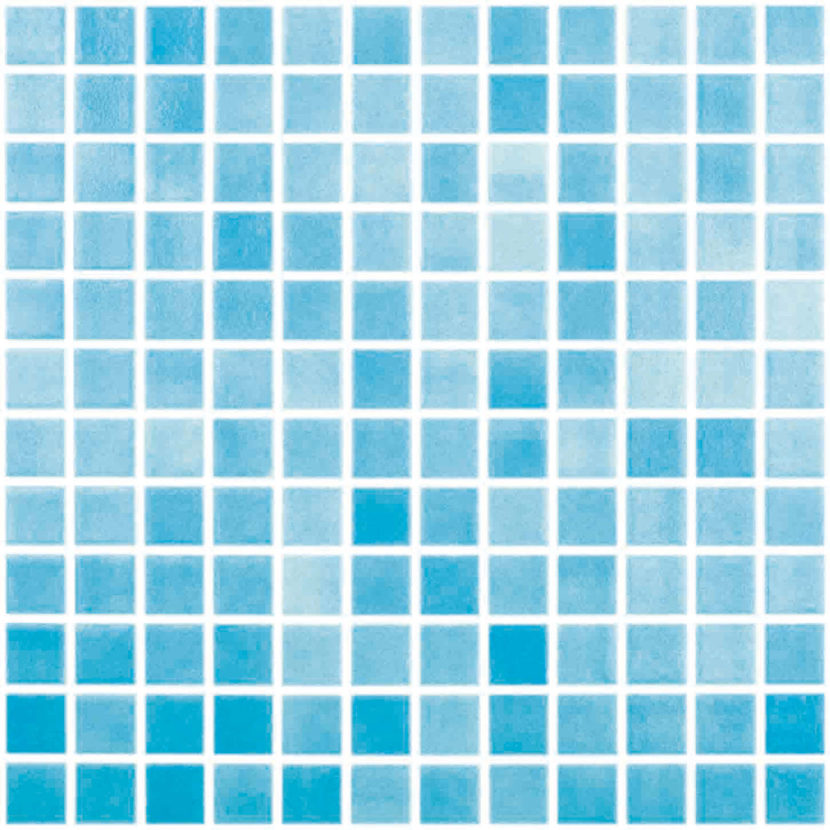 Vidrepur 25x25mm Gibraltar glass mosaic tiles in grid layout showing colour variation from pale to deep turquoise by Tilemall