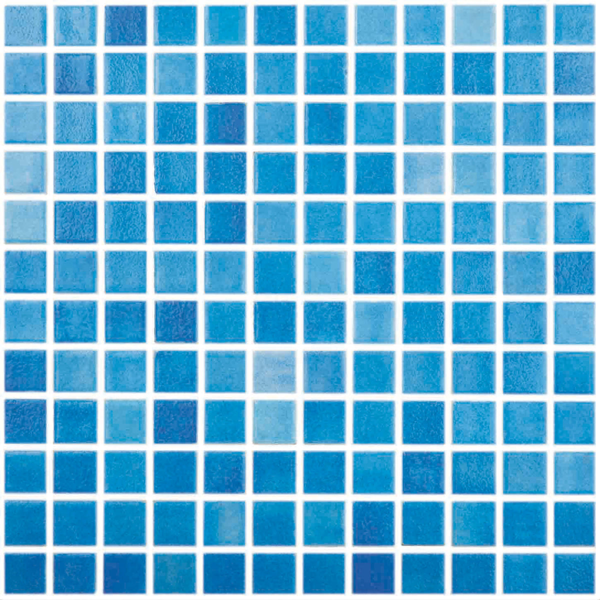 Vidrepur 25x25mm Malaga glass mosaic tiles in grid layout showing natural colour variation from light to deep blue by Tilemall