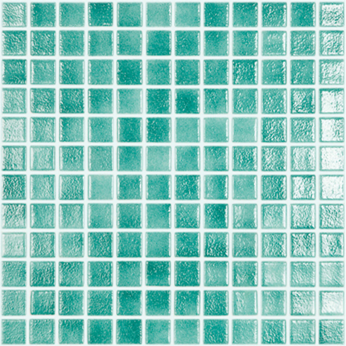 Vidrepur Andalucía 25x25mm glass mosaic tiles in grid layout with textured surface and colour variation from teal to pale by Tilemall