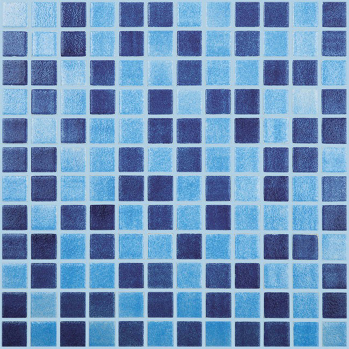 Vidrepur 25x25mm mezcla malla glass mosaic in grid layout showing navy and sky blue tile colour variation by Tilemall