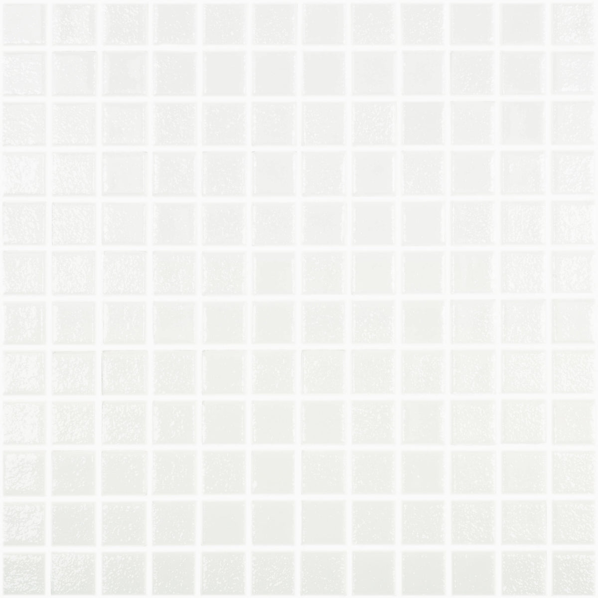 Vidrepur 25x25mm white glass mosaic tiles in grid layout with subtle texture variation by Tilemall