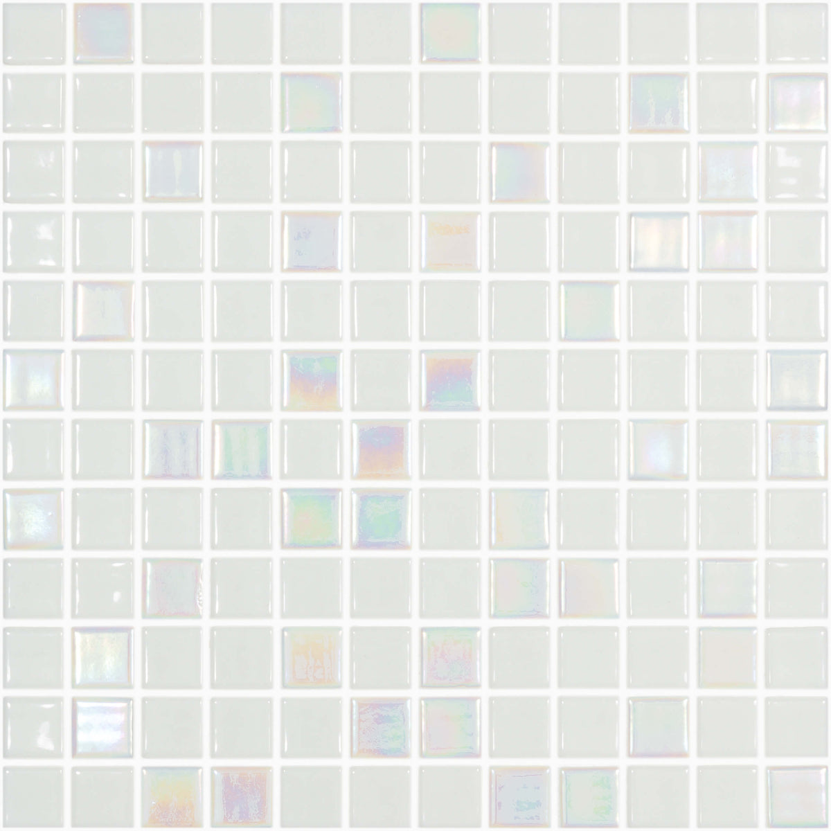 Vidrepur 25x25mm iris white glass mosaic tiles in grid layout with iridescent colour variation by Tilemall