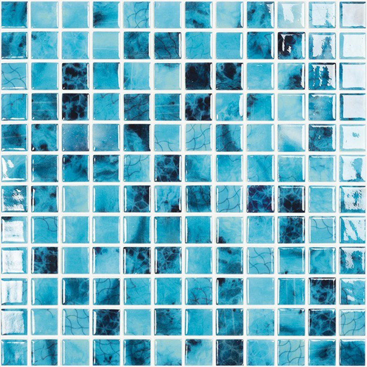 Vidrepur Nature 25x25mm Olympic glass mosaic tiles in grid layout with colour and pattern variation across shades of blue by Tilemall