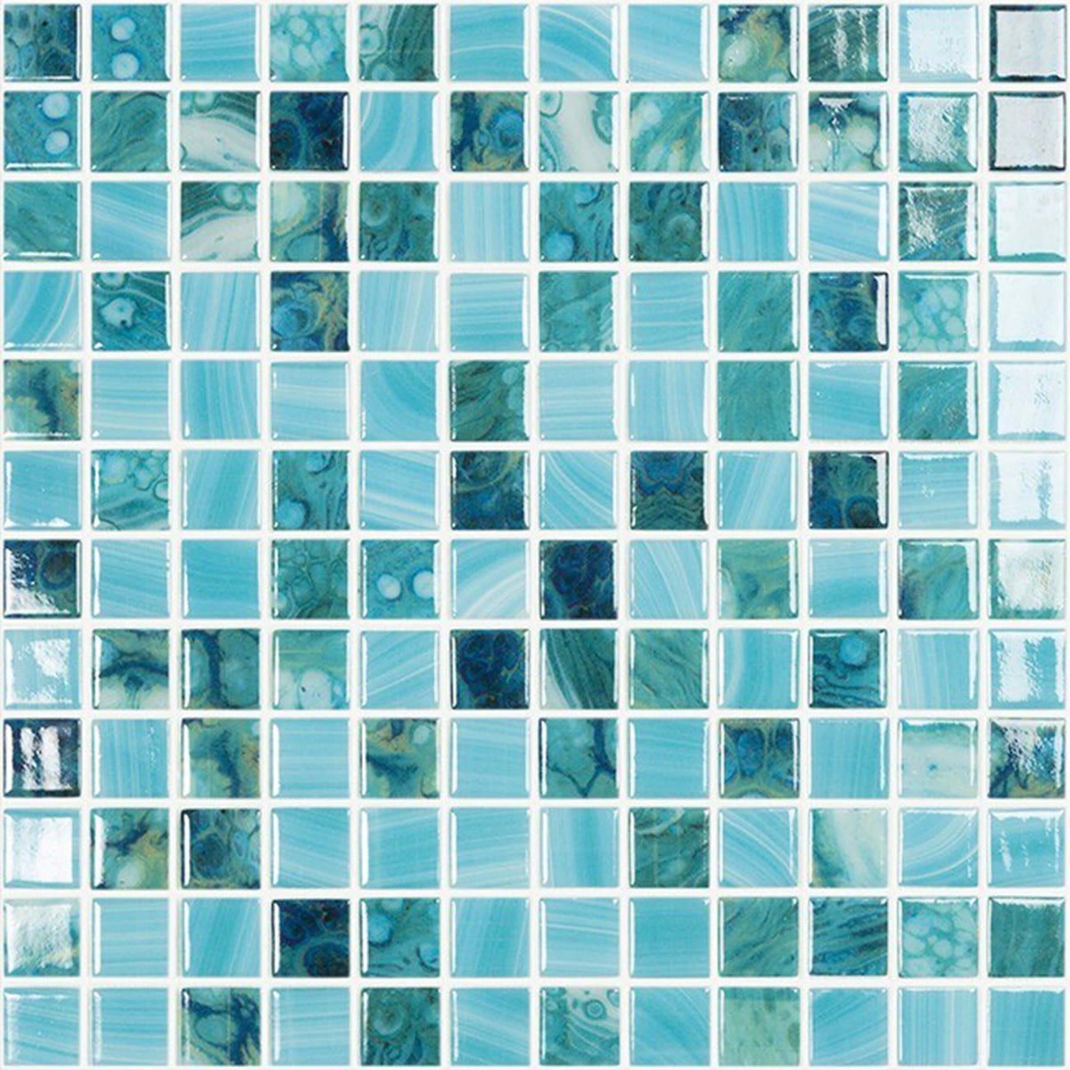Vidrepur 25x25mm sky glass mosaic tiles in grid layout showing colour and pattern variation across tiles by Tilemall