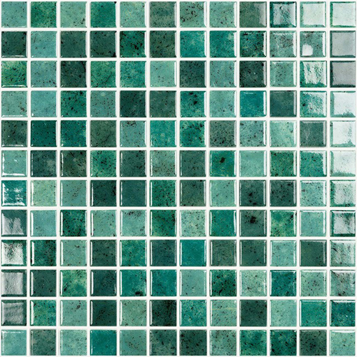 Vidrepur 25x25mm Bali glass mosaic tiles in grid layout showing natural colour variation from pale sage to deep teal by Tilemall