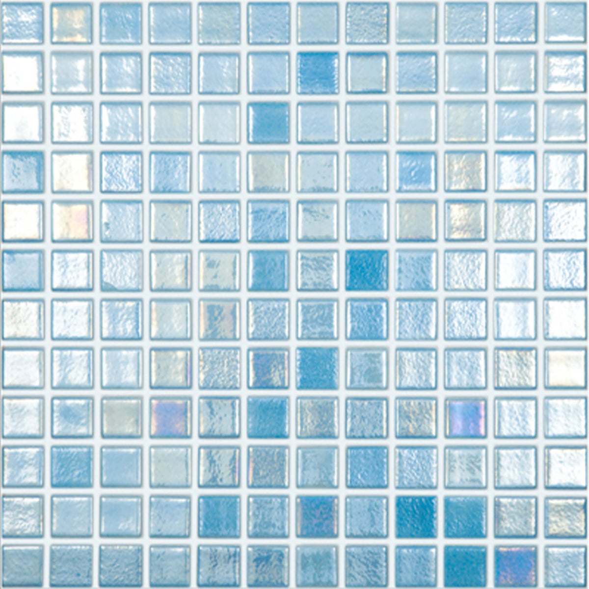 Vidrepur Ibiza 25x25mm glass mosaic tiles in grid layout with blue and white shade variation by Tilemall