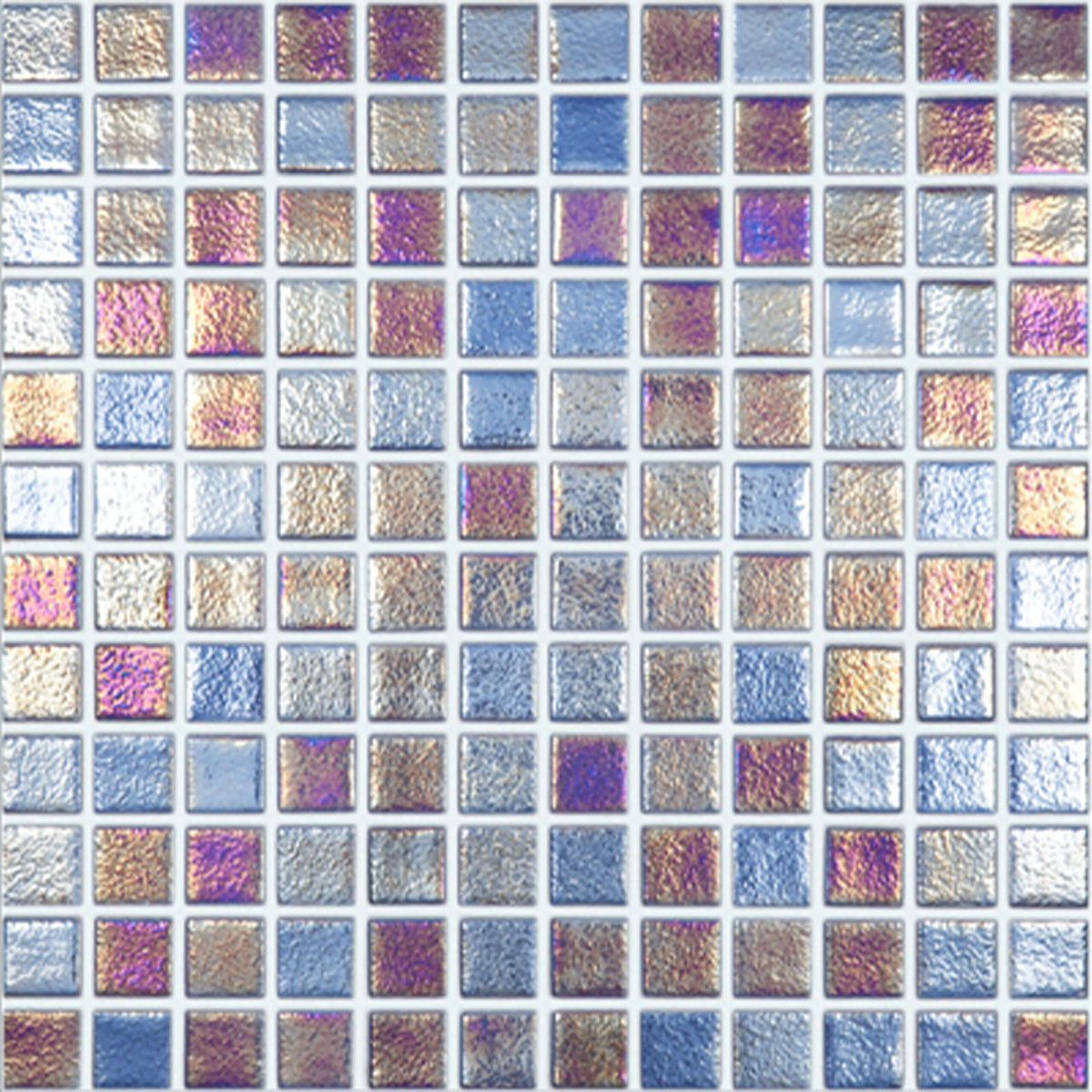 Vidrepur 25x25mm Zaragoza glass mosaic tiles in grid layout showing iridescent colour variation across purple, blue, gold by Tilemall