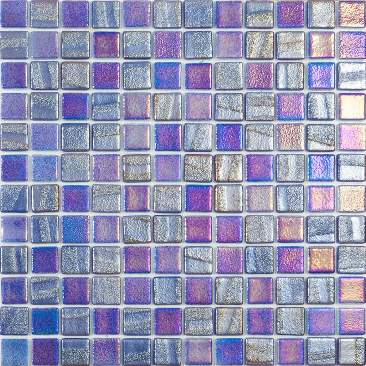 Vidrepur Fusion 25x25mm glass mosaic tiles in grid layout showing dark blue, purple and silver iridescent colour by Tilemall