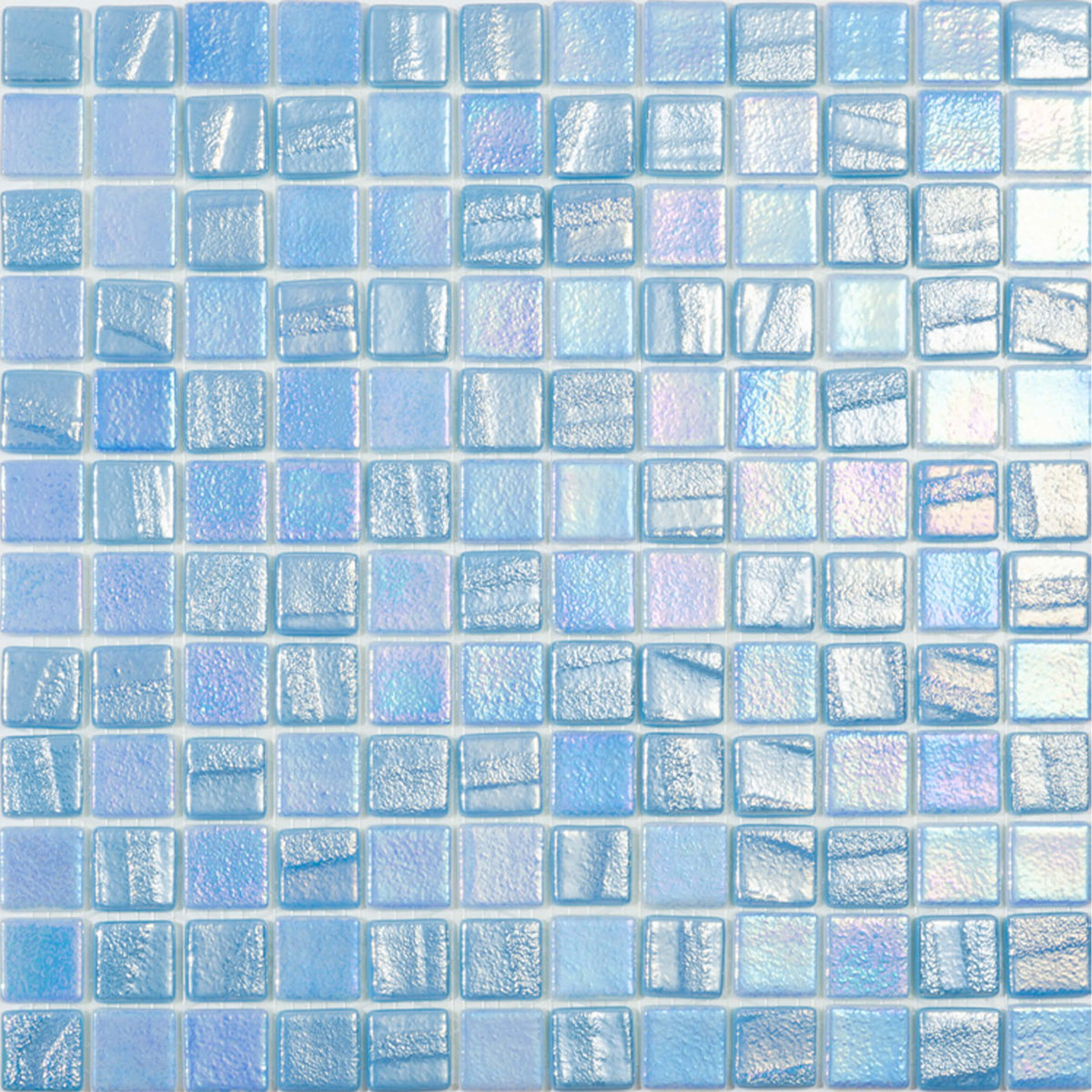 Vidrepur Fusion 25x25mm light blue glass mosaic tiles in grid layout with iridescent surface variation and textured finish by Tilemall