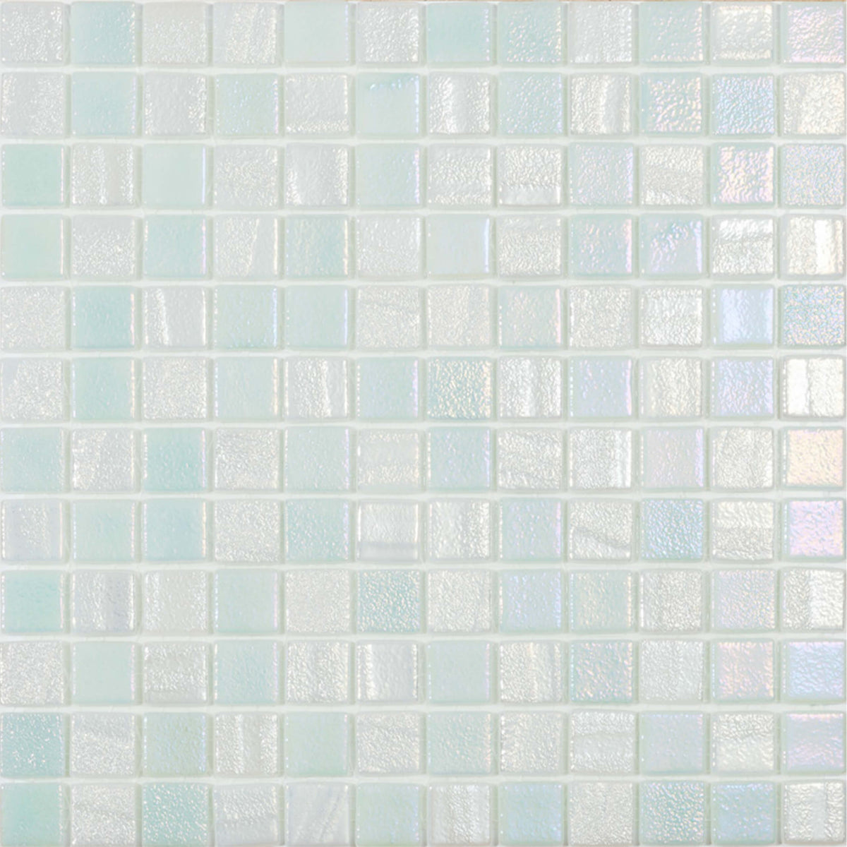 Vidrepur 25x25mm Fusion White glass mosaic tiles in grid layout with iridescent finish and colour variation from white by Tilemall