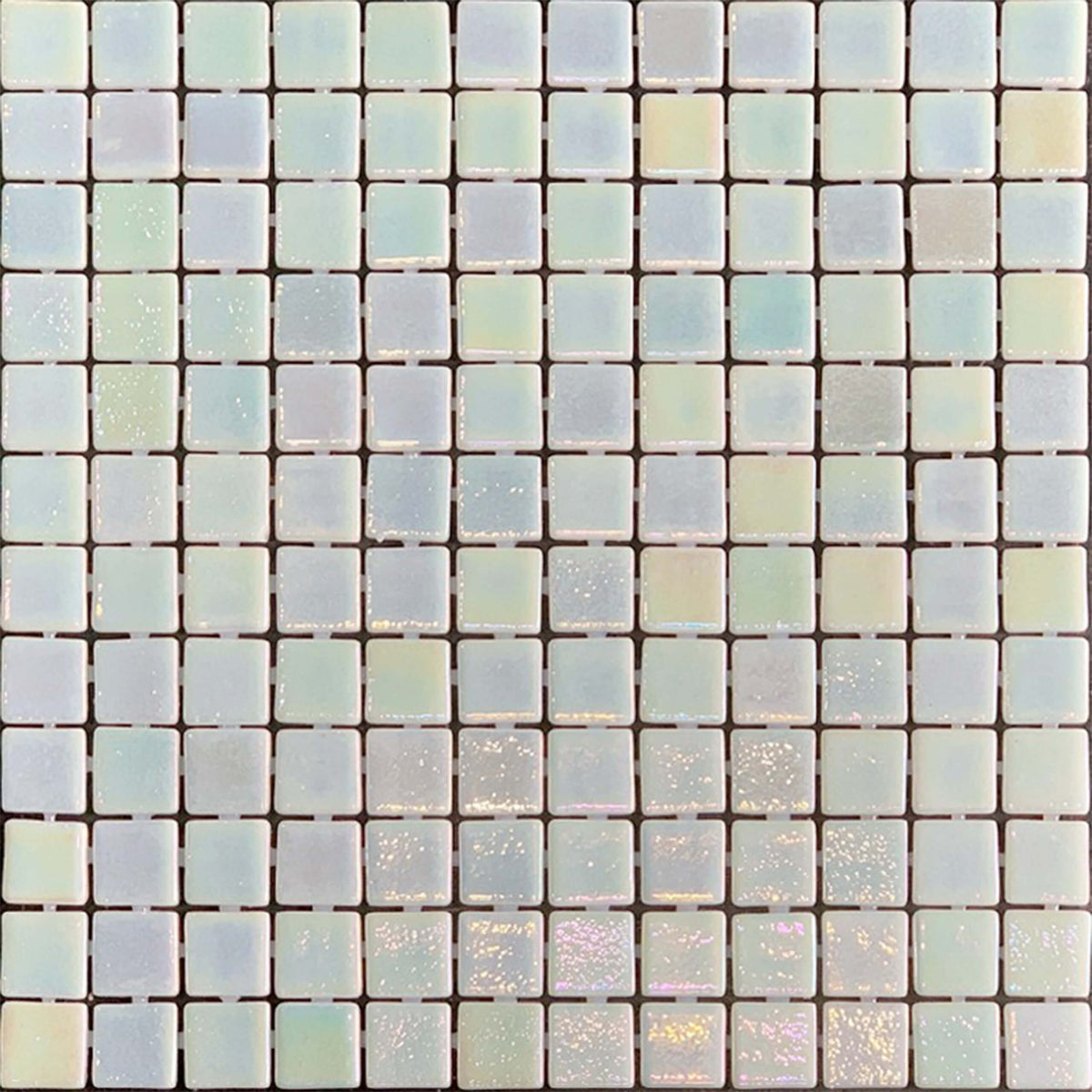 Vidrepur 25x25mm Mystic glass mosaic tiles in grid layout with iridescent colour variation across pastel shades by Tilemall