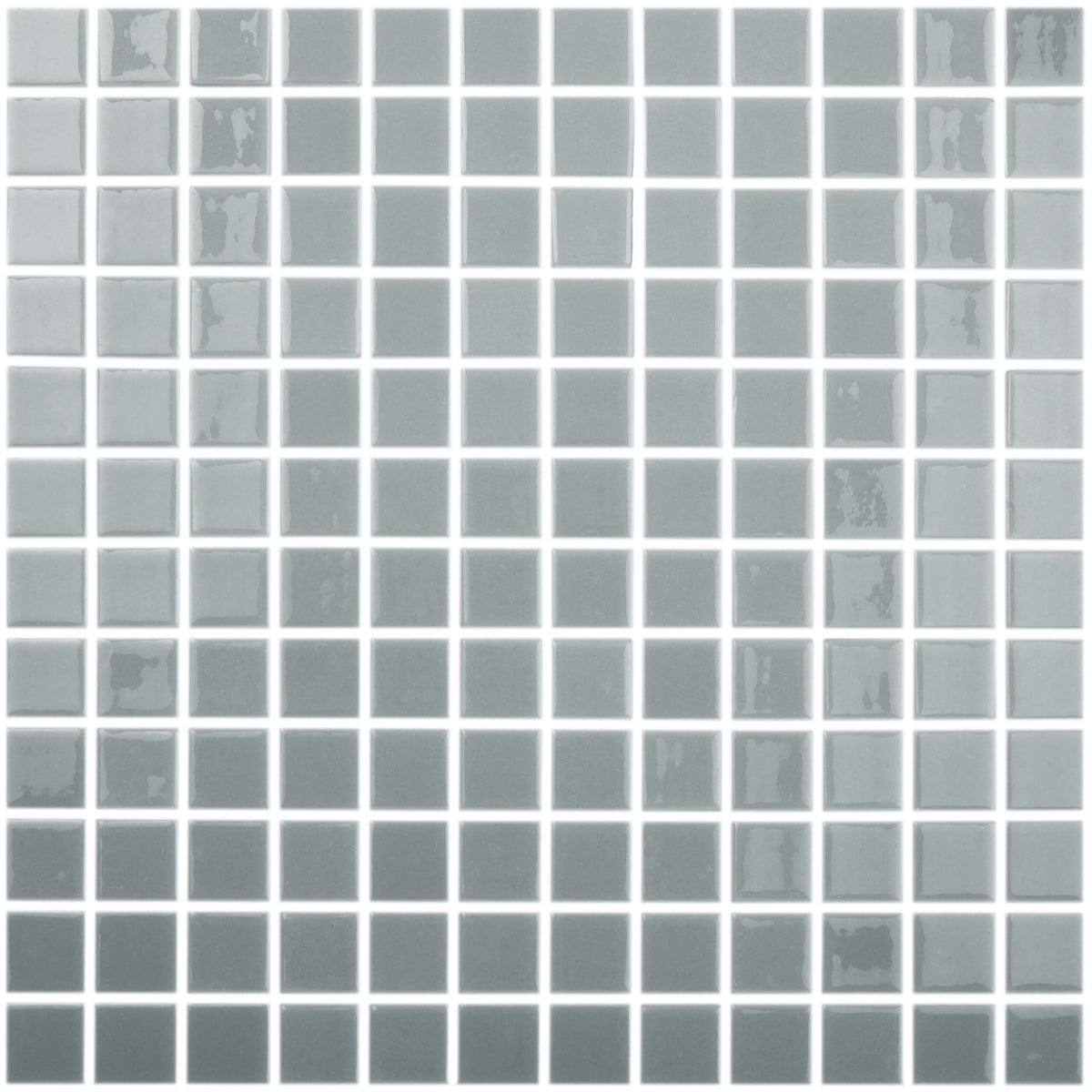 Vidrepur Liso 25x25mm gris glass mosaic tiles in grid layout showing natural colour variation from light to dark grey by Tilemall