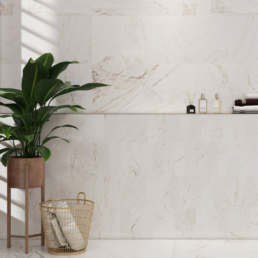 Marble Tiles 600x300mm honed white porcelain installed on bathroom wall and floor with subtle tan linear veining by Tilemall