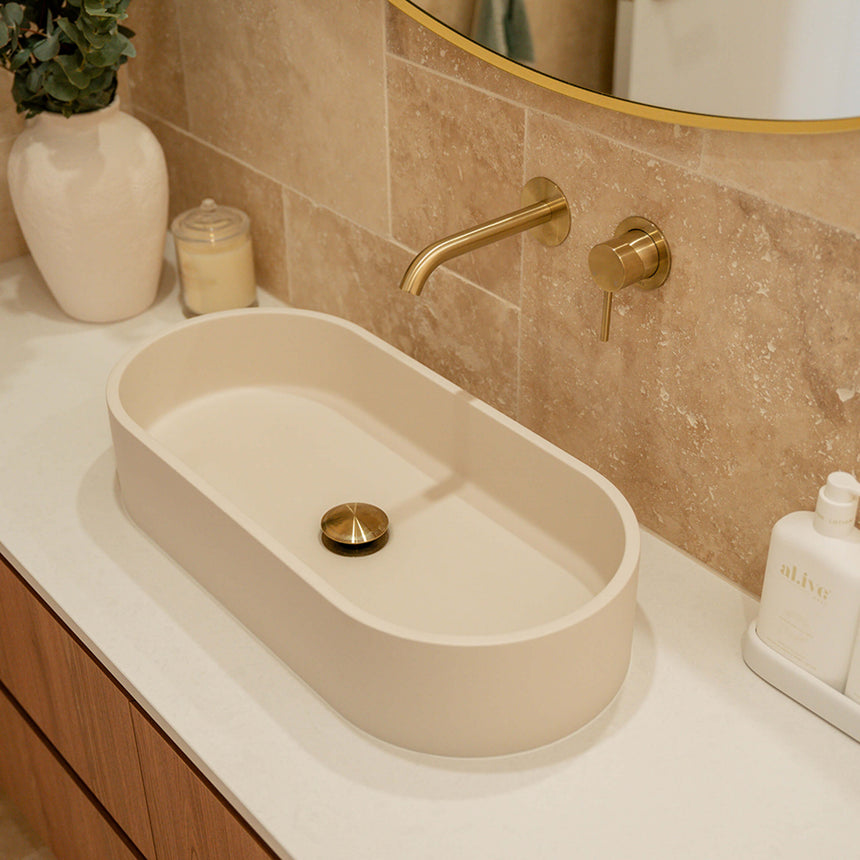 Fienza Jada Concrete Pill Basin Above Counter 600x280x120mm Warm White Bathroom Basin Fienza