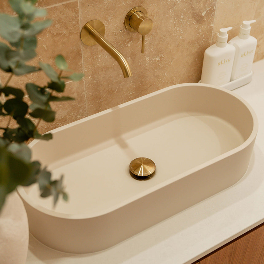 Fienza Jada Concrete Pill Basin Above Counter 600x280x120mm Warm White Bathroom Basin Fienza