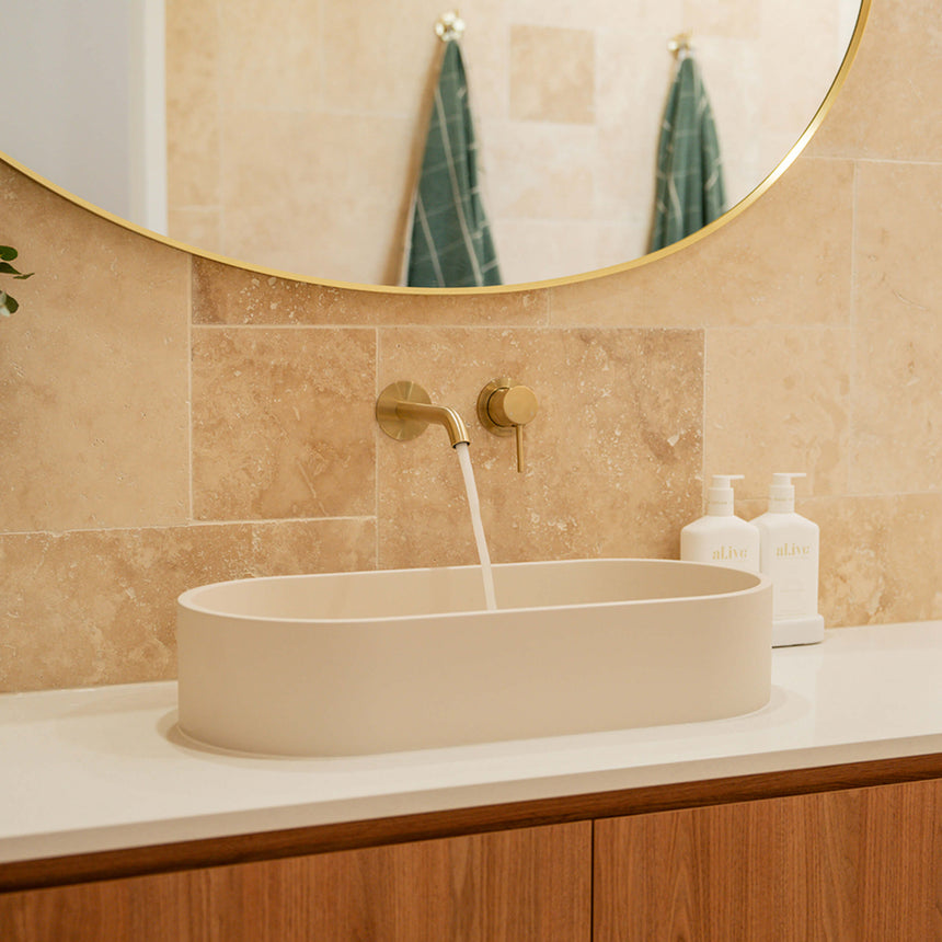 Fienza Jada Concrete Pill Basin Above Counter 600x280x120mm Warm White Bathroom Basin Fienza