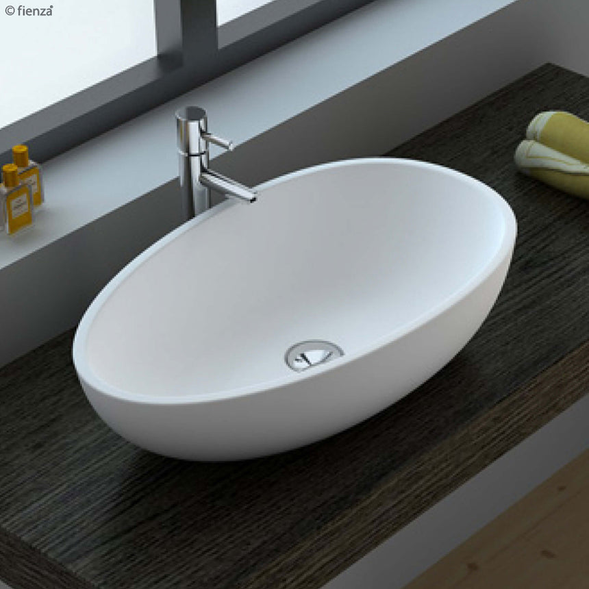 Fienza Bahama Mk11 Above Counter Cast Stone Basin 600x350x160mm Matte White Bathroom Basin Fienza