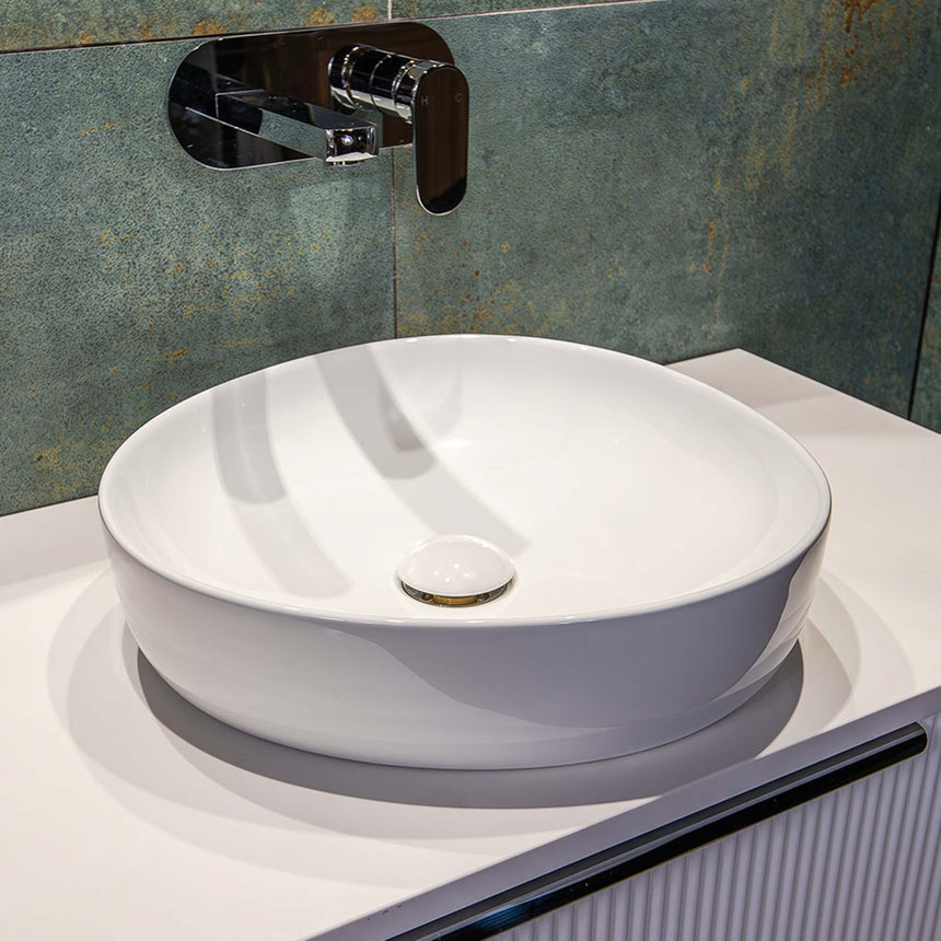 Fienza Pebble Small Slim Edge Basin Ceramic 400x395x100mm Above Counter Gloss White Bathroom Basin Fienza