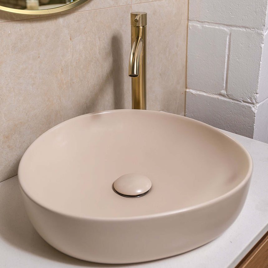 Fienza Pebble Small Slim Edge Basin Ceramic 400x395x100mm Above Counter Matte Khaki Bathroom Basin Fienza