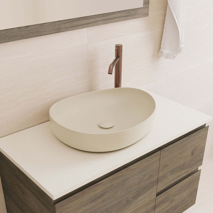 Fienza Pebble Medium Slim Edge Basin Ceramic 500x400x100mm Above Counter Matte Khaki Bathroom Basin Fienza