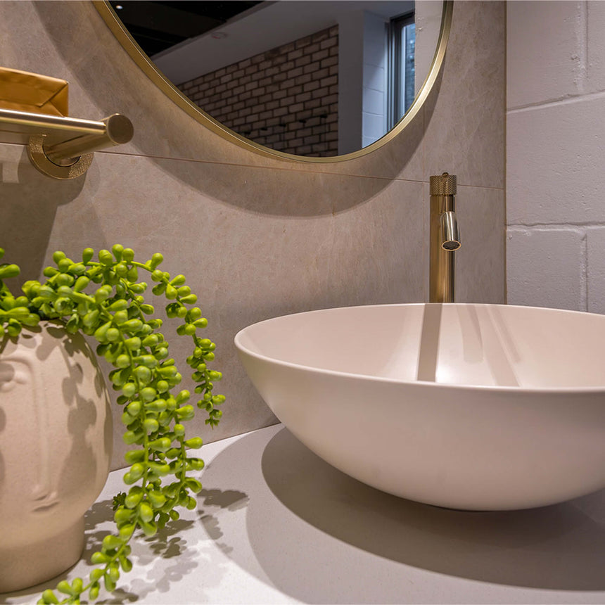 Fienza Aluca Slim Edge Basin Ceramic Above Counter 400x140mm Matte Khaki Bathroom Basin Fienza