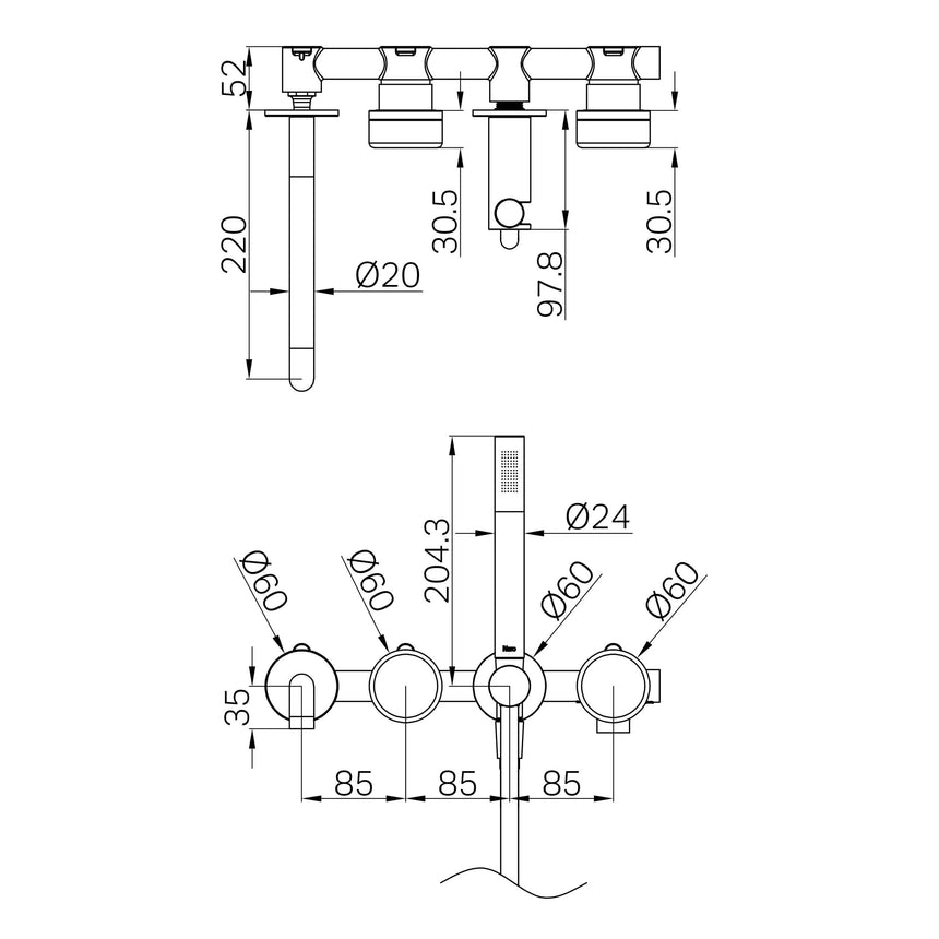 Nero Serenity Progressive Shower System With Spout With Verde Alpi Handle And Slim Shower Gun Metal Tapware Nero