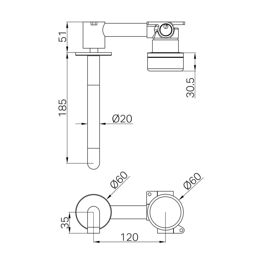 Nero Serenity Progressive Wall Basin Mixer 185mm Spout With Rome Travertine Handle Brushed Bronze Tapware Nero