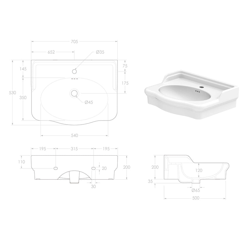 ADP Castellana Wall Basin 700 Gloss White 1 Tap Hole Bathroom Basin ADP