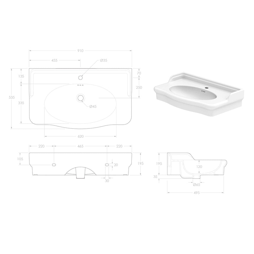 ADP Castellana Wall Basin 900 Gloss White 1 Tap Hole Bathroom Basin ADP