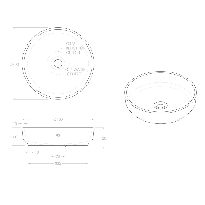 ADP Monroe Above Counter Basin Matte White Bathroom Basin ADP