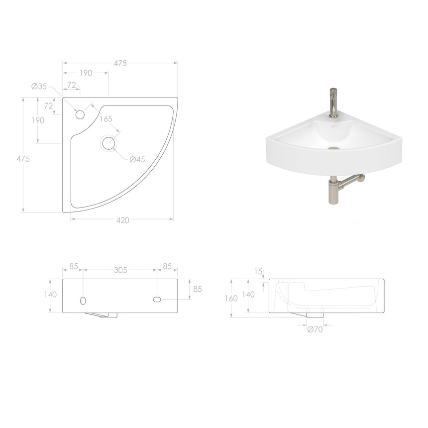 ADP Square Corner Wall Basin Gloss White 1 Tap Hole Bathroom Basin ADP