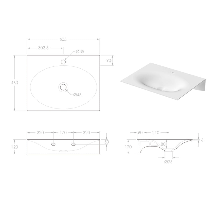 ADP Veil Wall Basin 600 Gloss White None Tap Hole Bathroom Basin ADP