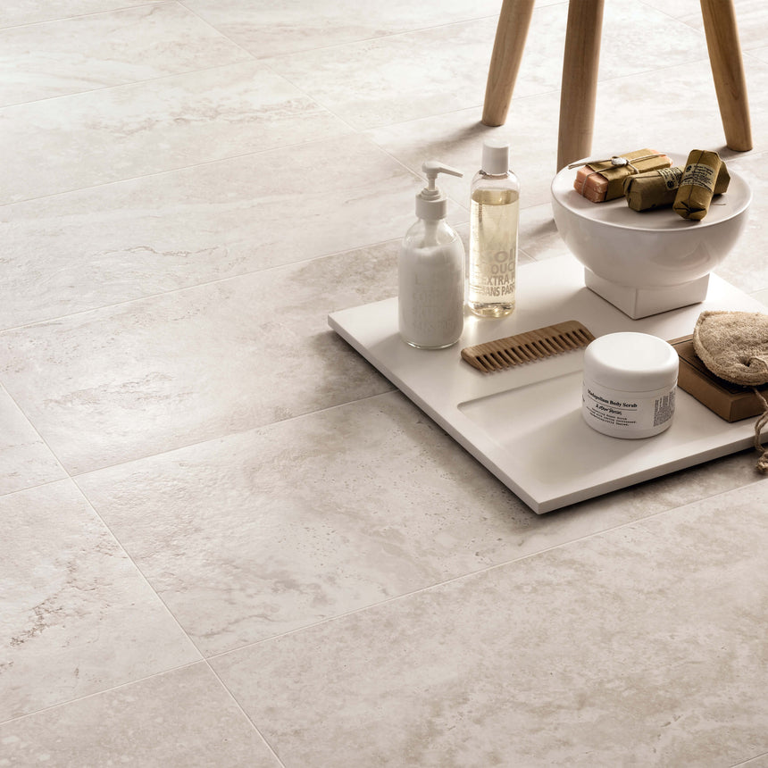 3D Crafted 600x600 Natural Travertine White Concrete Look Tiles Tilemall
