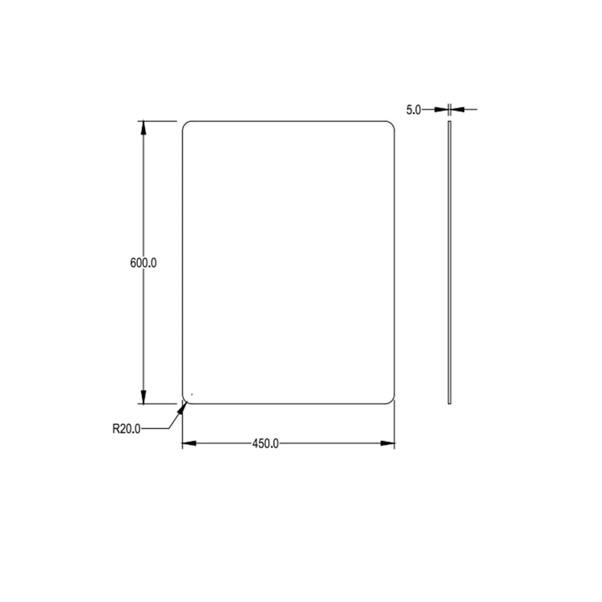 Technical dimensions diagram for Rectta Lukka Plain Mirror showing 450x600mm with R20 pencil edge and 5mm thickness by Tilemall