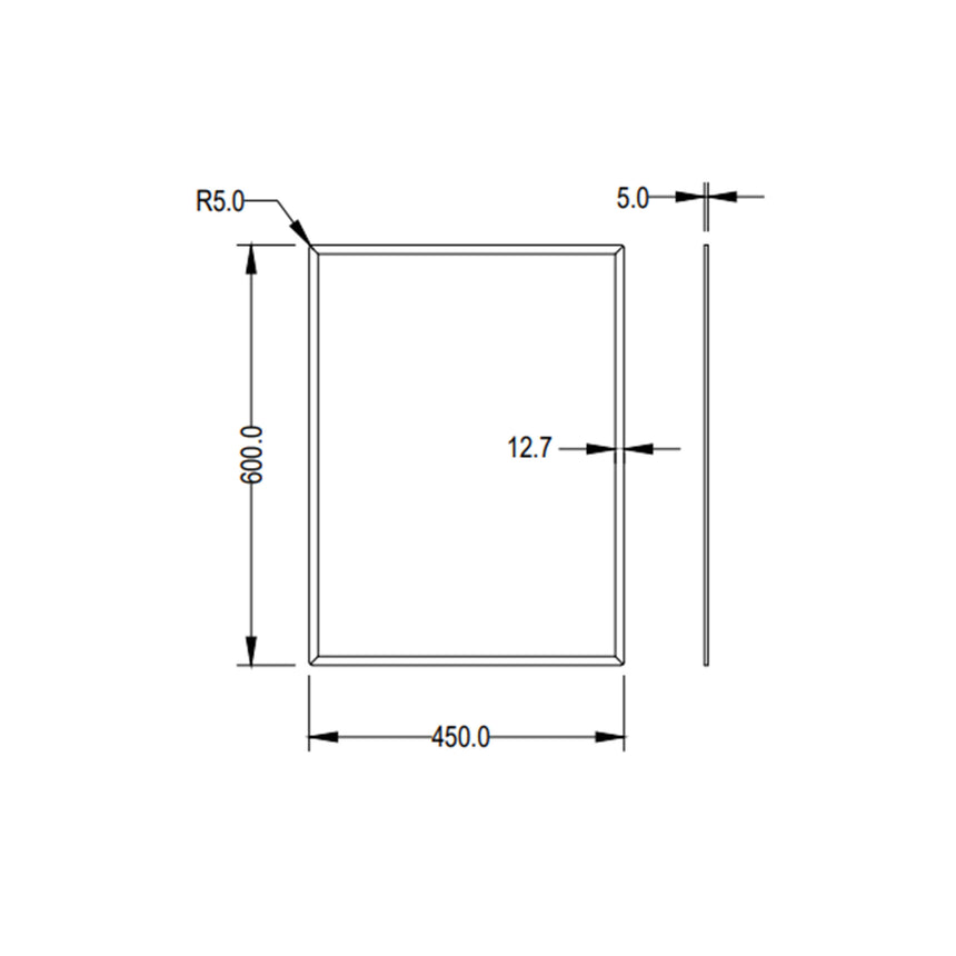 Technical dimensions diagram for Rectta bevel edge Lukka plain mirror, 450x600mm with R5.0 corner radius by Tilemall