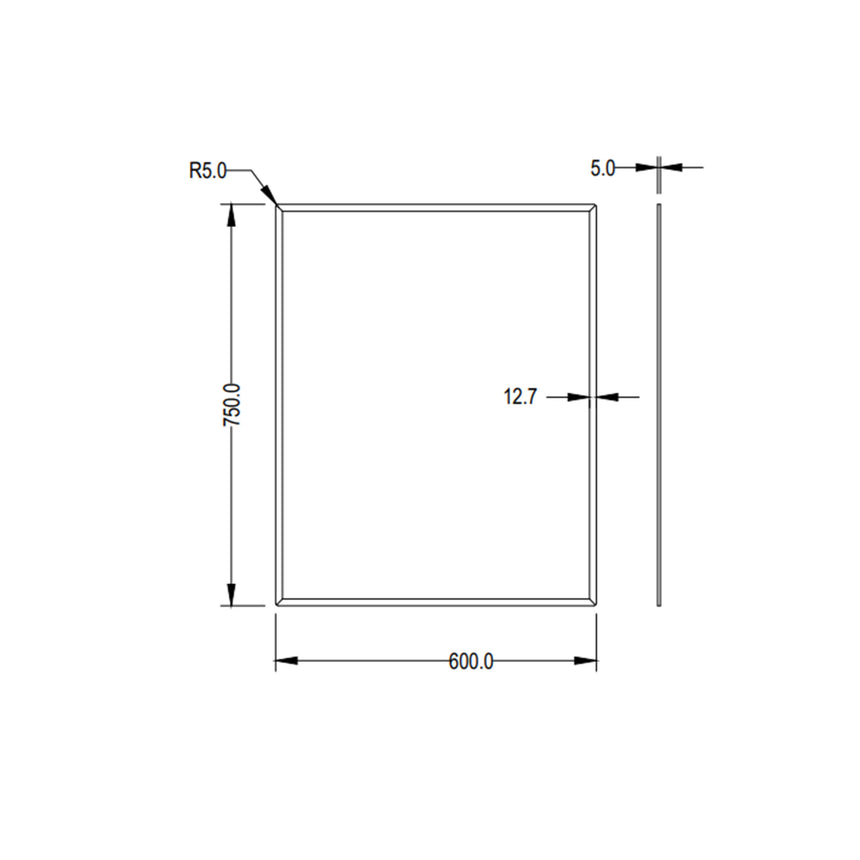 Technical dimensions diagram for Rectta 600x750mm Lukka plain mirror showing R5.0 corner radius and 12.7mm edge thickness by Tilemall