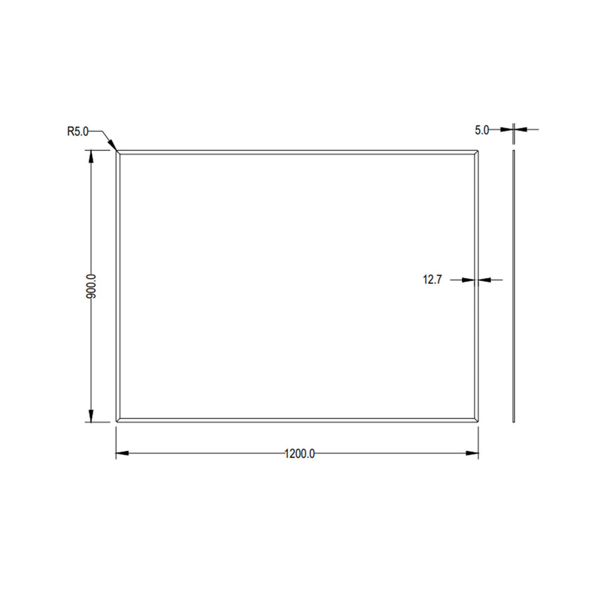 Lukka Plain Mirror technical dimensions diagram for Rectta 1200x900mm frameless mirror with R5.0 bevel edge by Tilemall