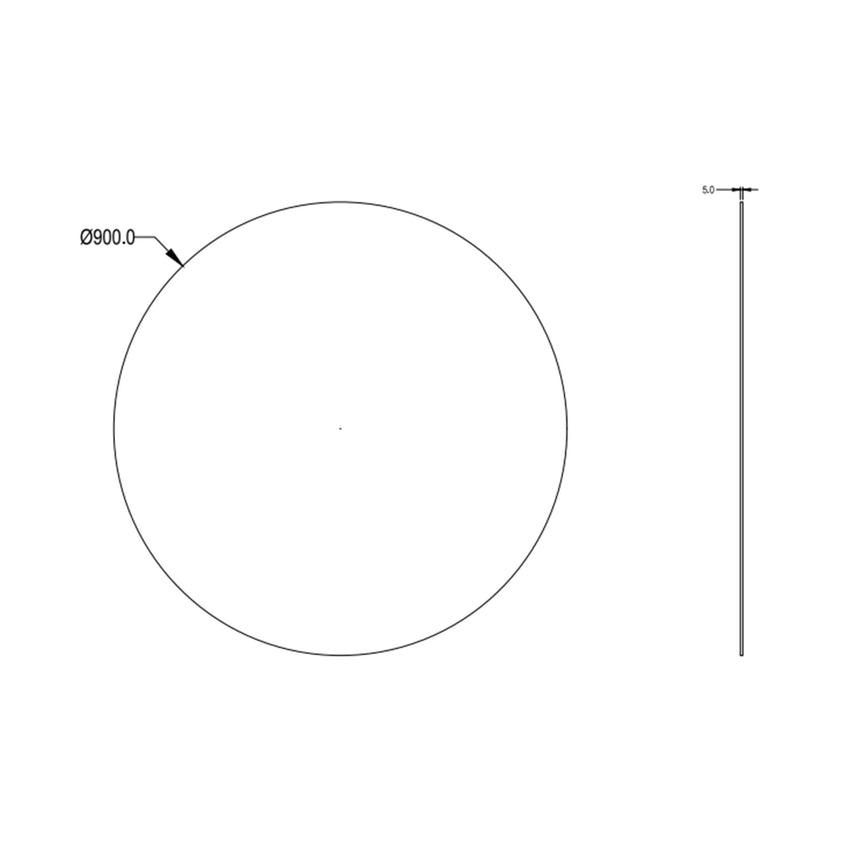 Technical dimensions diagram for Orbis 900mm round Lukka plain mirror, 5.0mm thickness by Tilemall