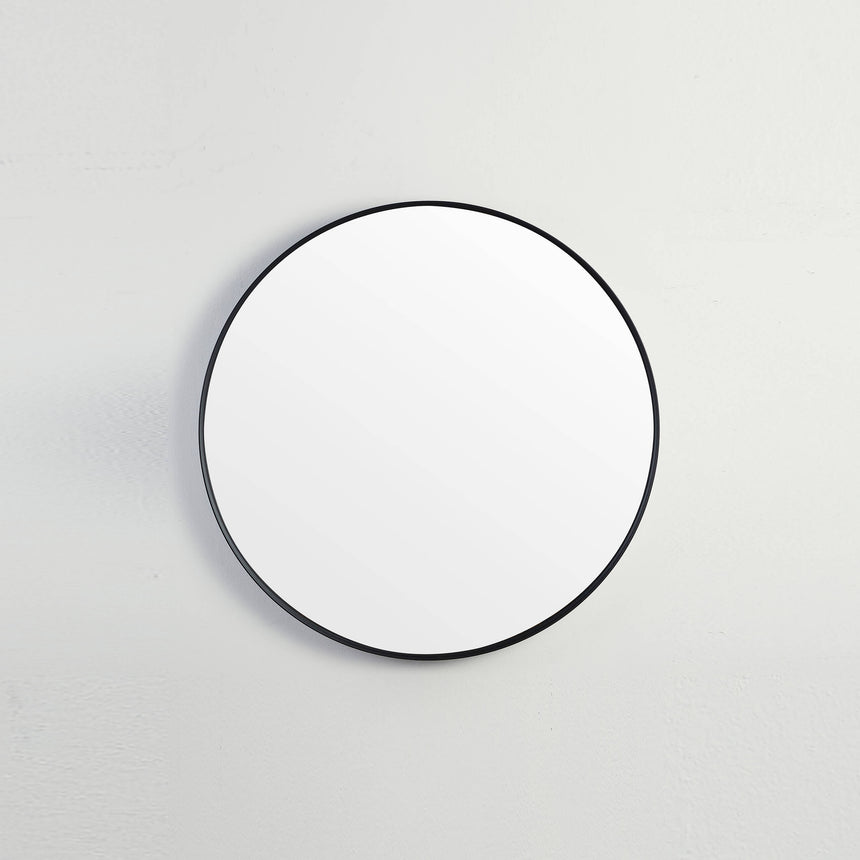 Round 700mm matte black Lukka framed mirror by Tilemall, wall-mounted with slim profile frame