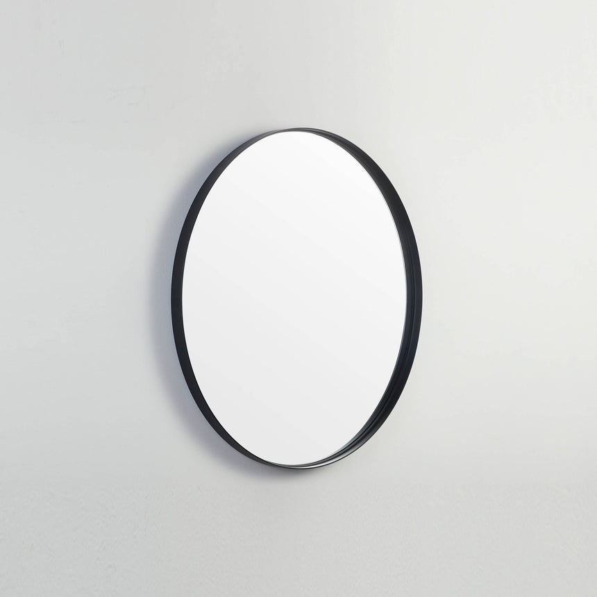 Oval matte black Lukka framed mirror by Tilemall, 700mm diameter, wall-hung bathroom mirror