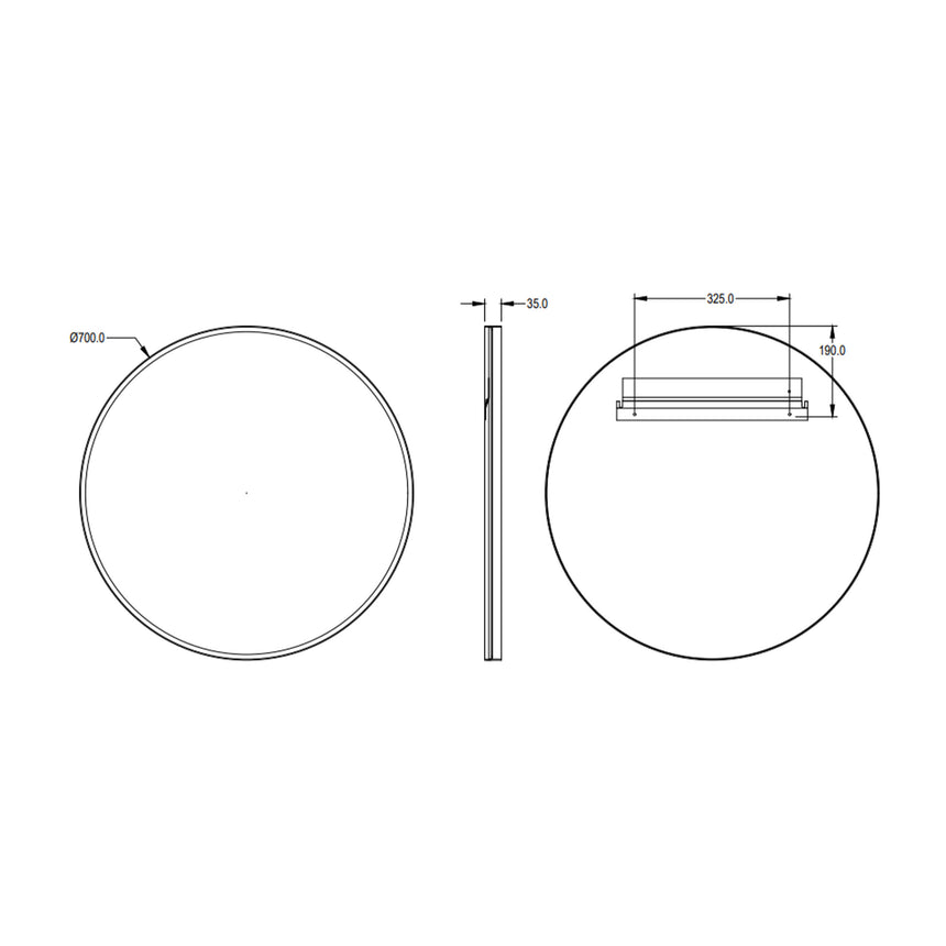 Technical dimensions diagram for Orbis 700mm round Lukka framed mirror showing Ø700.0mm and mounting specifications by Tilemall